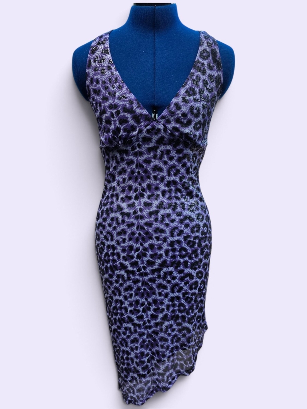 Purple Leopard-Print Midi Dress with V-Neck Vintage 90s